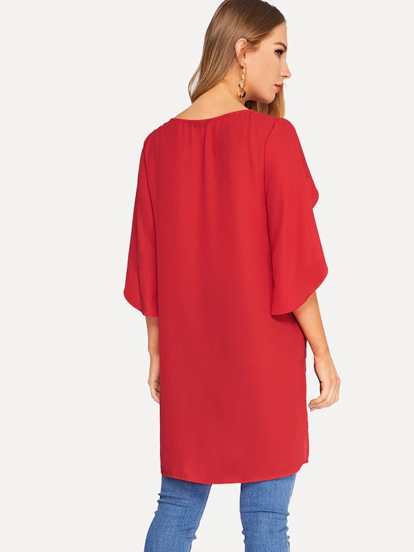 CM-TS211959 Women Casual Seoul Style High Low Hem Split Sleeve Solid Top - Red