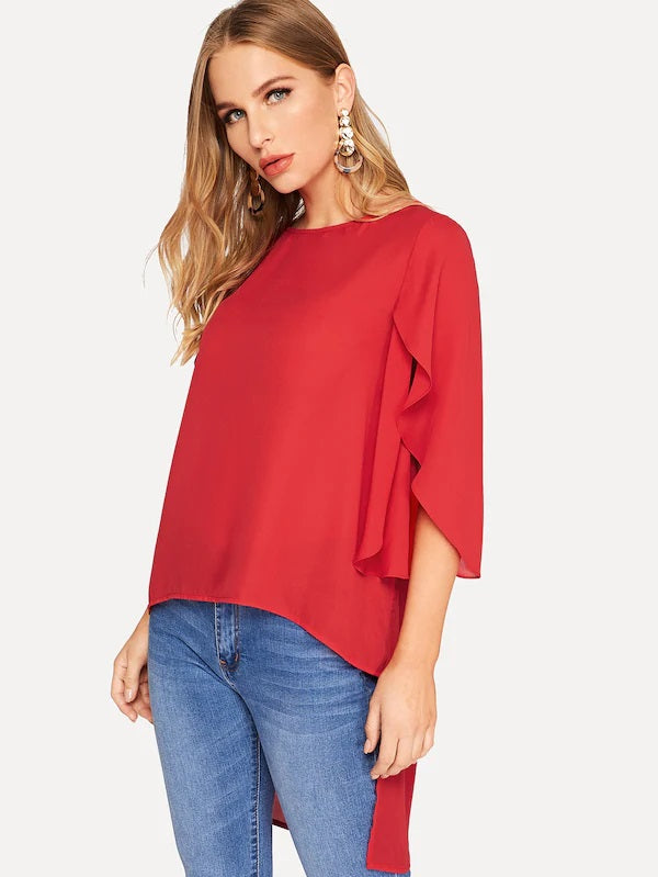 CM-TS211959 Women Casual Seoul Style High Low Hem Split Sleeve Solid Top - Red