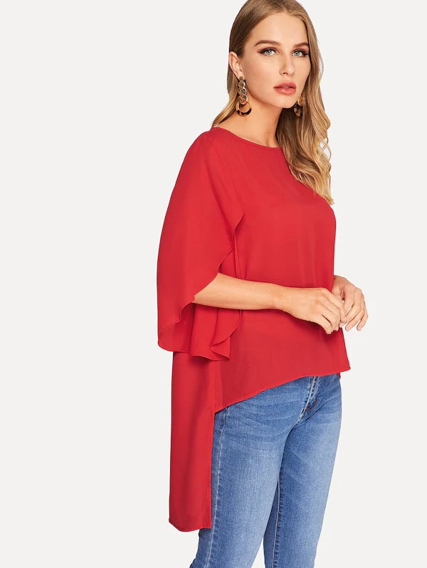 CM-TS211959 Women Casual Seoul Style High Low Hem Split Sleeve Solid Top - Red