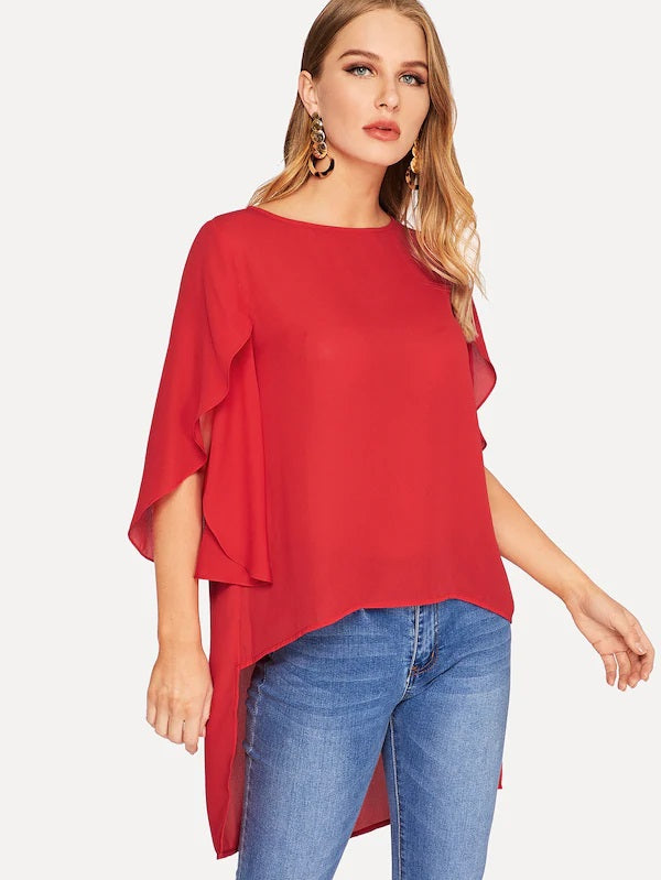 CM-TS211959 Women Casual Seoul Style High Low Hem Split Sleeve Solid Top - Red