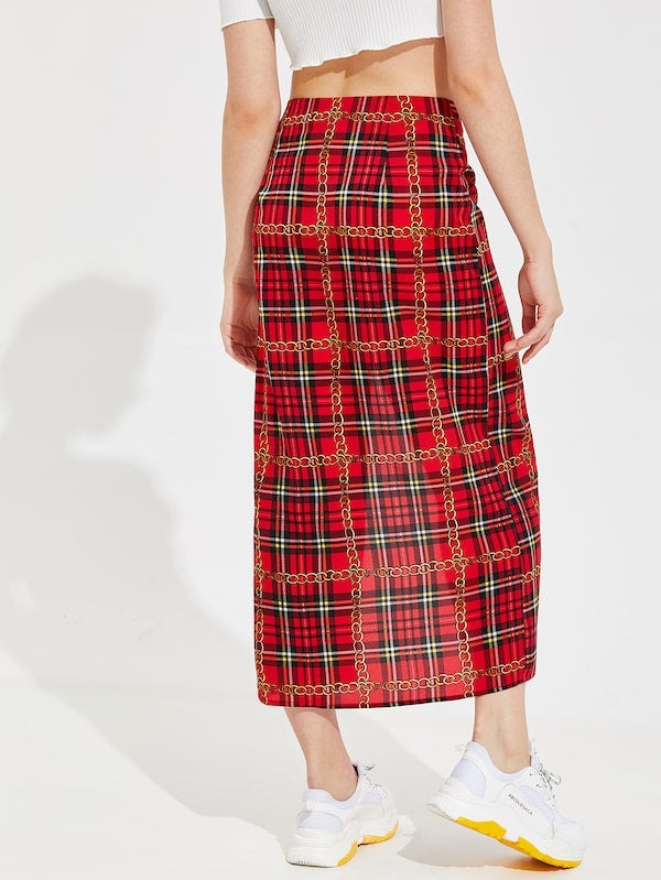 CM-BS203430 Women Casual Seoul Style Buttoned Split Front Chain Plaid Skirt - Red