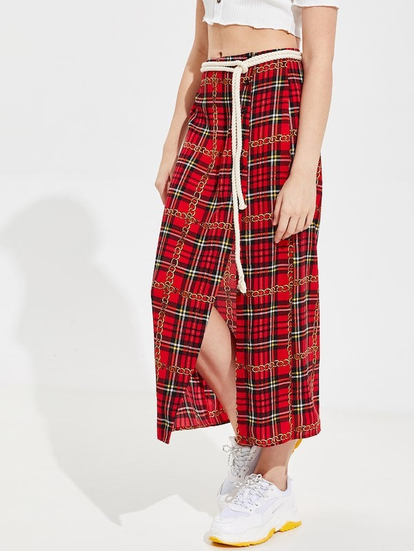 CM-BS203430 Women Casual Seoul Style Buttoned Split Front Chain Plaid Skirt - Red