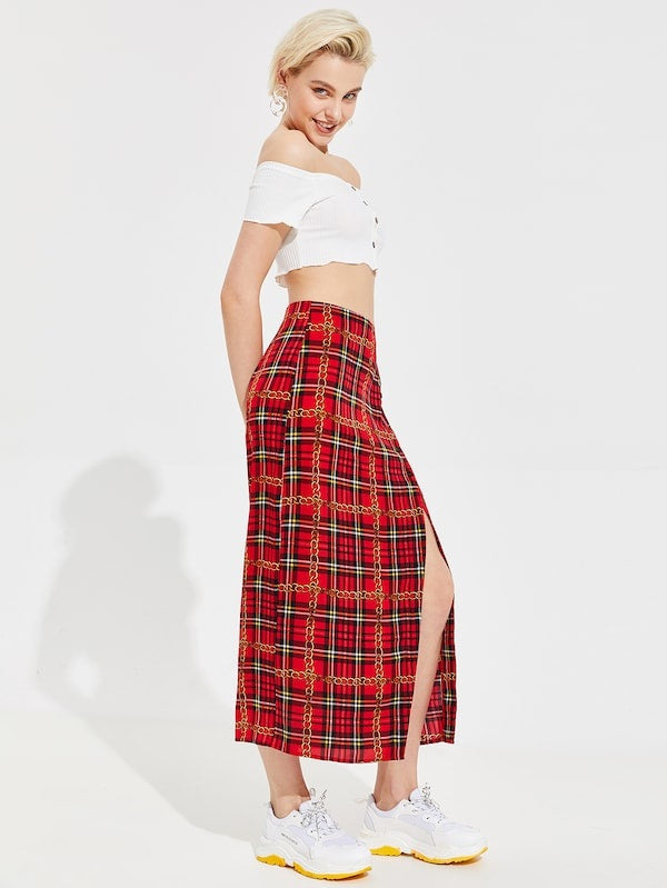 CM-BS203430 Women Casual Seoul Style Buttoned Split Front Chain Plaid Skirt - Red