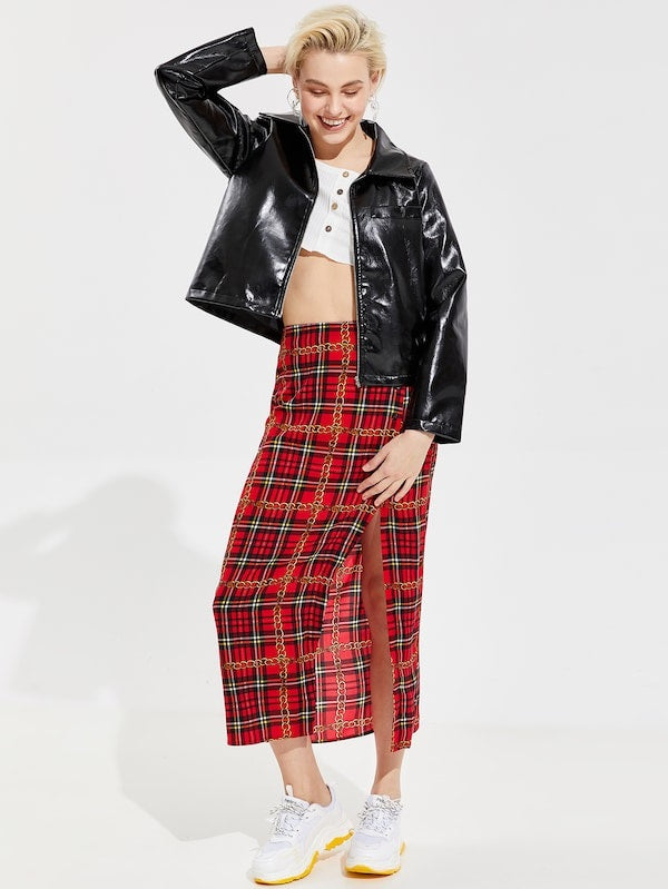 CM-BS203430 Women Casual Seoul Style Buttoned Split Front Chain Plaid Skirt - Red