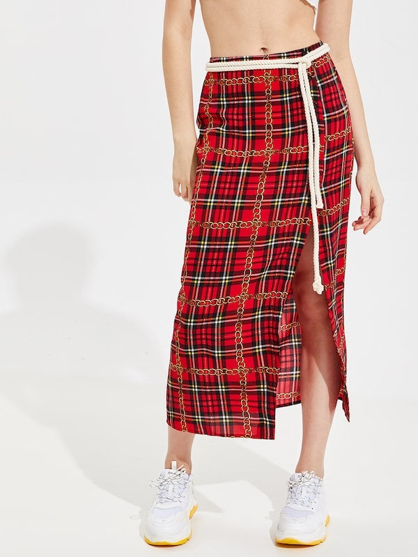 CM-BS203430 Women Casual Seoul Style Buttoned Split Front Chain Plaid Skirt - Red