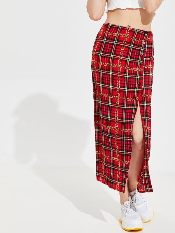 CM-BS203430 Women Casual Seoul Style Buttoned Split Front Chain Plaid Skirt - Red