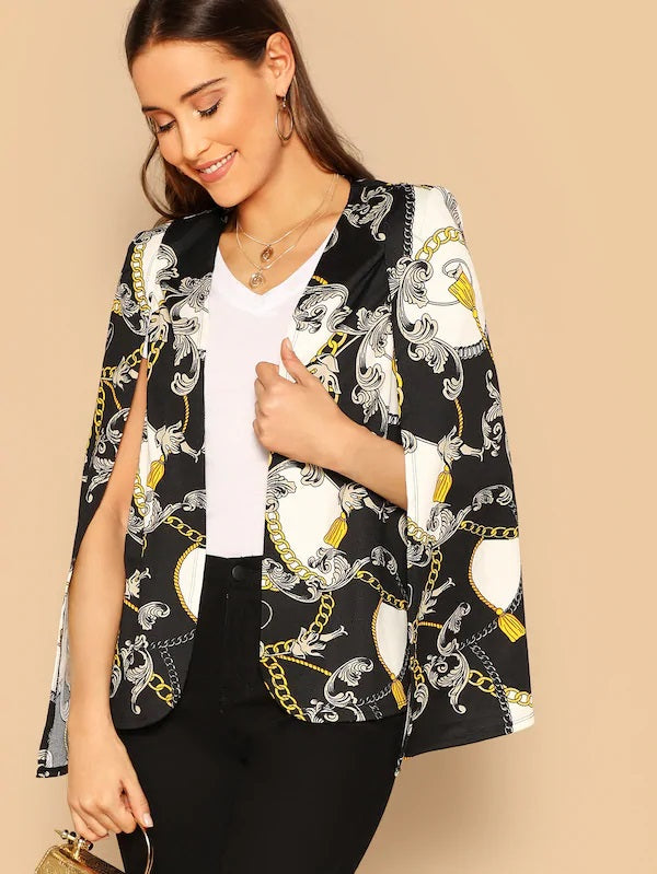 CM-CS120701 Women Casual Seoul Style Cloak Sleeve Chain Print Cape Blazer