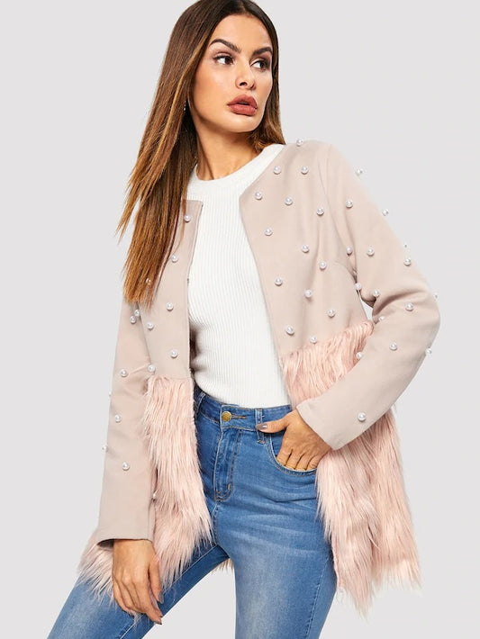 CM-CS115731 Women Elegant European Style Long Sleeve Pearl Embellished Faux Fur Coat - Pink