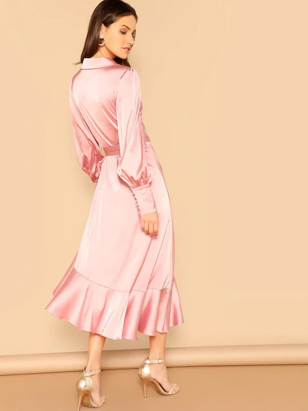 CM-DS210087 Women Elegant Seoul Style Long Sleeve Shawl Collar Ruffle Dip Hem Dress - Pink