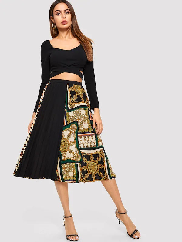 CM-BS212117 Women Casual Seoul Style Cut-And-Sew Scarf Print Pleated Skirt