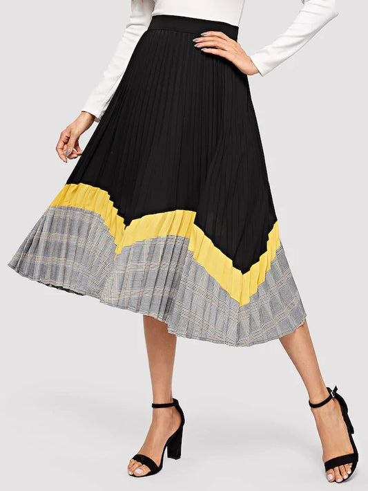 CM-BS217701 Women Elegant Seoul Style Color-Block Mid Waist Pleated Skirt - Black