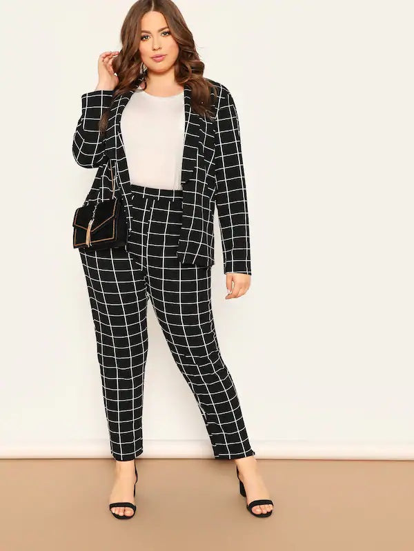 CM-SP210970 Plus Size Elegant Seoul Style Shawl Collar Grid Blazer With Pants - Set