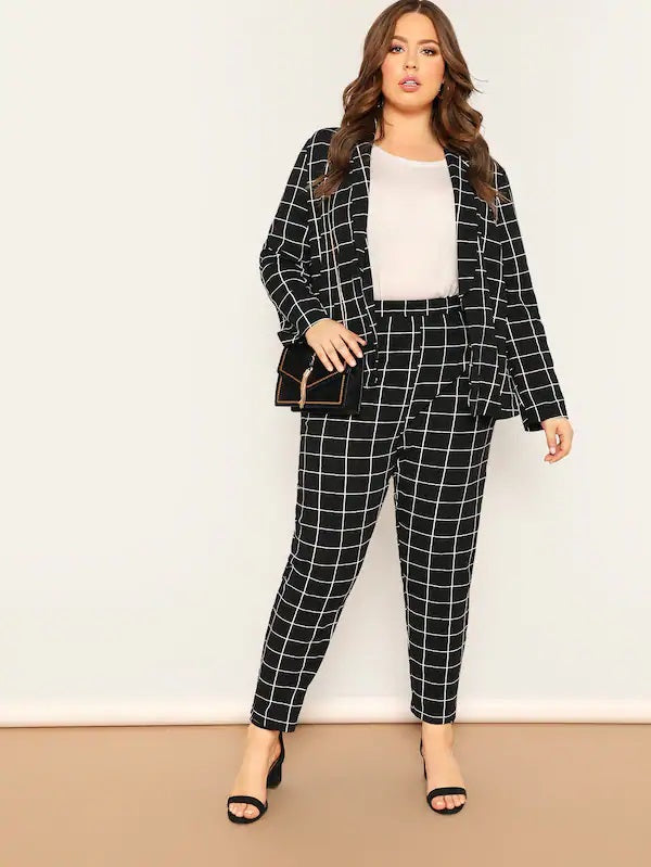 CM-SP210970 Plus Size Elegant Seoul Style Shawl Collar Grid Blazer With Pants - Set