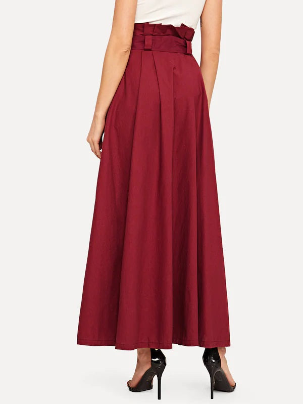 CM-BS227202 Women Casual Seoul Style Mid Waist Knot Button A-Line Maxi Skirt - Wine Red