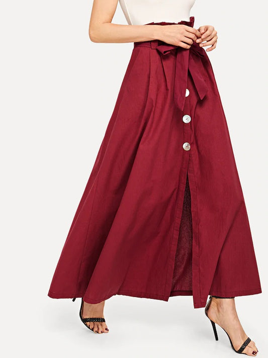 CM-BS227202 Women Casual Seoul Style Mid Waist Knot Button A-Line Maxi Skirt - Wine Red