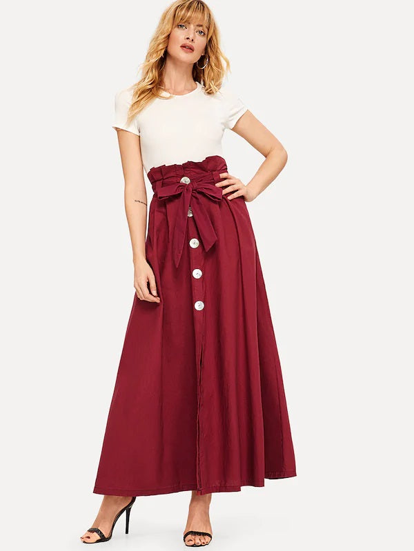 CM-BS227202 Women Casual Seoul Style Mid Waist Knot Button A-Line Maxi Skirt - Wine Red