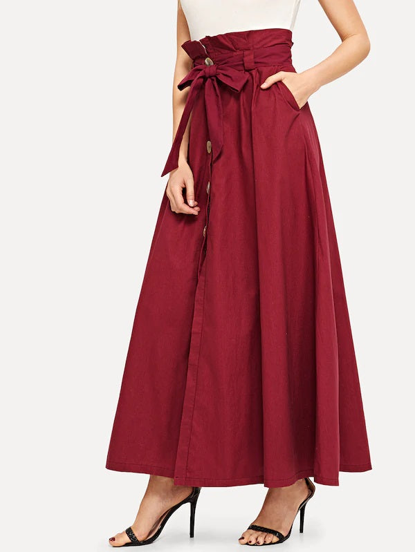 CM-BS227202 Women Casual Seoul Style Mid Waist Knot Button A-Line Maxi Skirt - Wine Red