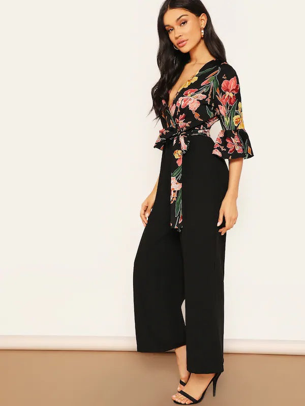 CM-JS327285 Women Elegant Seoul Style Flounce Sleeve Wrap Tie Front Combo Wide Leg Jumpsuit