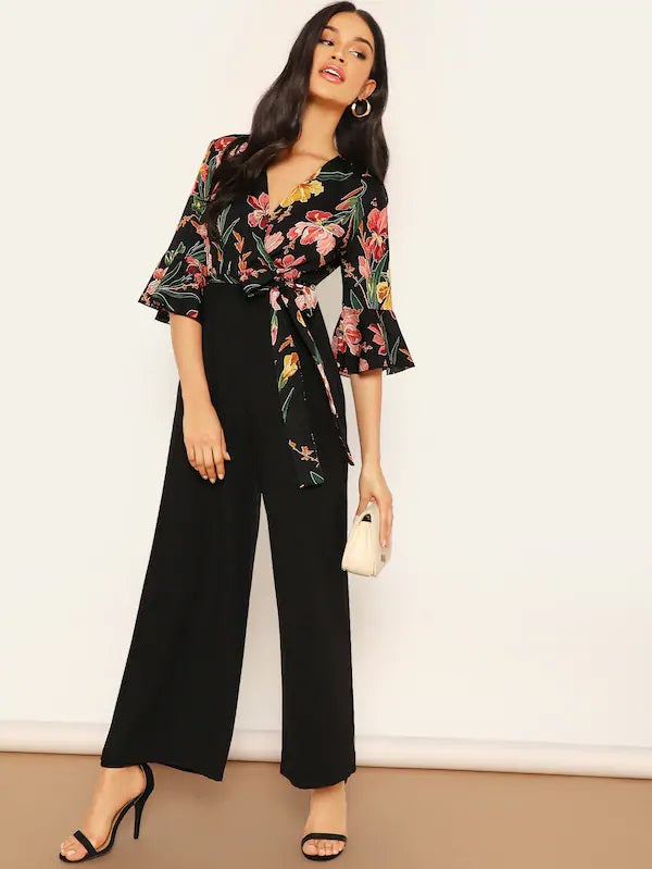 CM-JS327285 Women Elegant Seoul Style Flounce Sleeve Wrap Tie Front Combo Wide Leg Jumpsuit