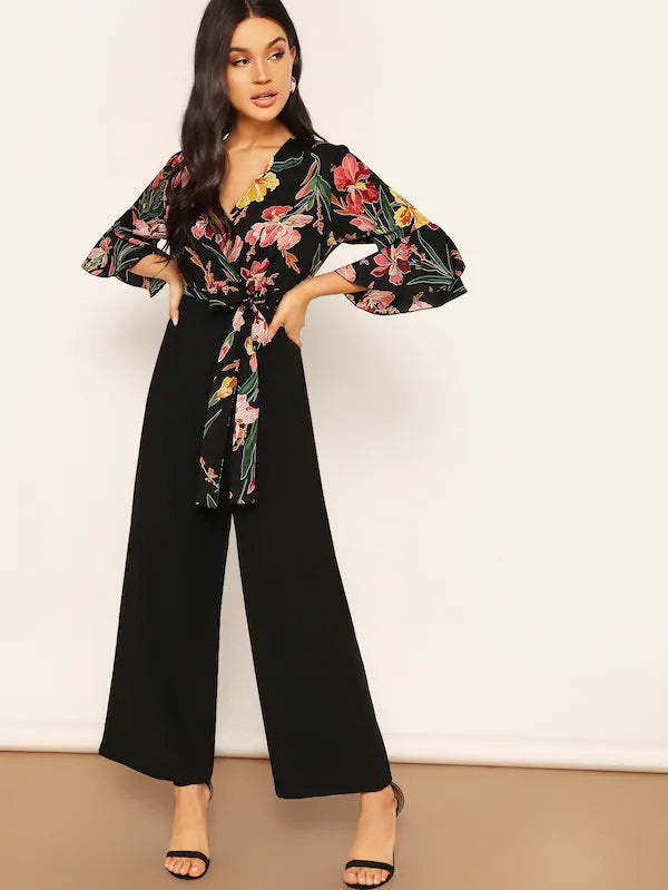 CM-JS327285 Women Elegant Seoul Style Flounce Sleeve Wrap Tie Front Combo Wide Leg Jumpsuit