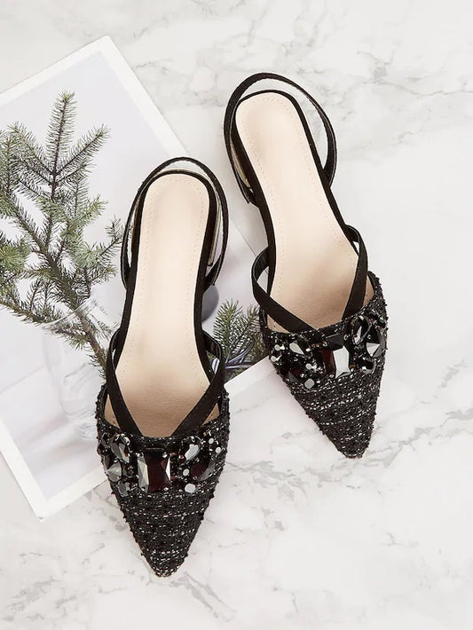 CM-SHS231708 Women Casual Seoul Style Tweed Jewelled Decorated Slingback Flats - Black