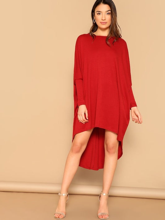 CM-DS130757 Women Casual Seoul Style Batwing Sleeve Curved Dip Hem Dress - Red