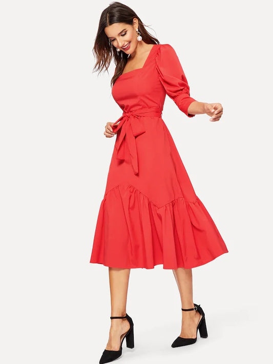 CM-DS130772 Women Elegant Vintage Style Buttoned Cuff Flounce Hem Self Dress With Belt - Red