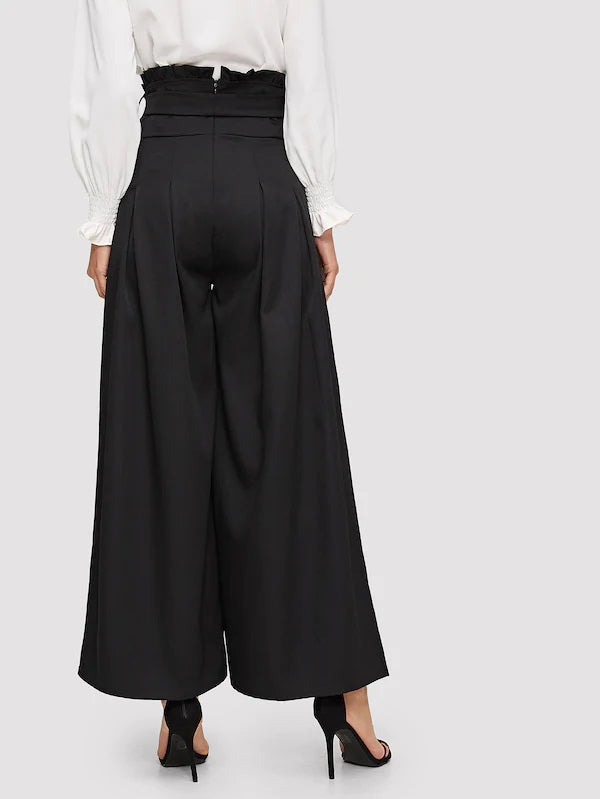 CM-BS104101 Women Classy Seoul Style Box Pleated Belted Wide Leg Pants - Black