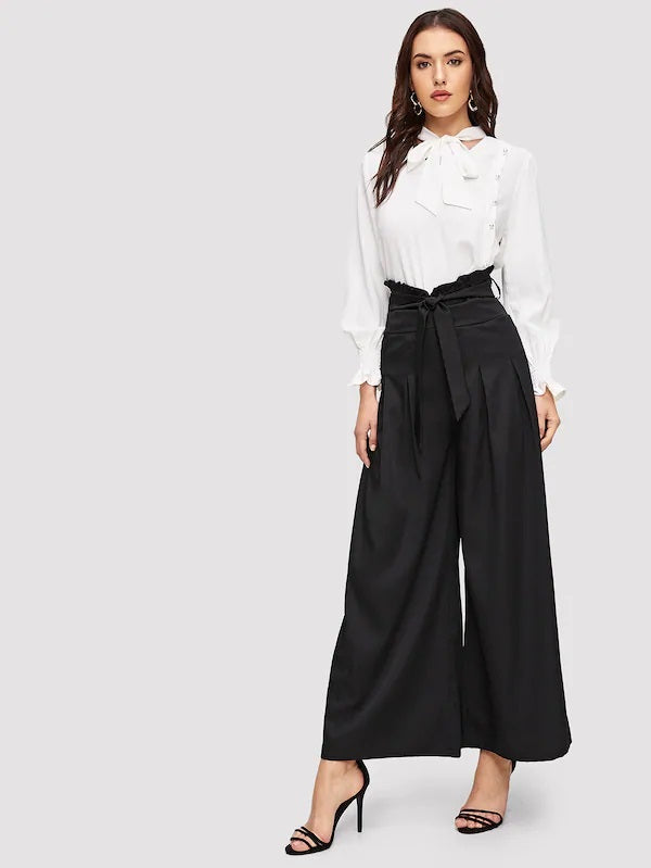 CM-BS104101 Women Classy Seoul Style Box Pleated Belted Wide Leg Pants - Black