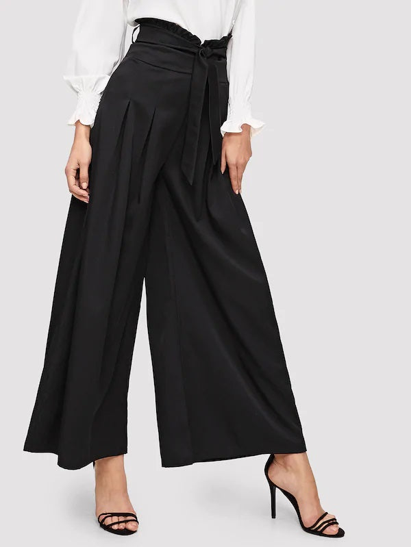 CM-BS104101 Women Classy Seoul Style Box Pleated Belted Wide Leg Pants - Black