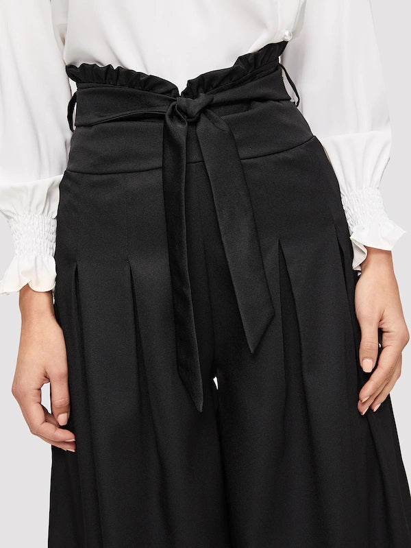 CM-BS104101 Women Classy Seoul Style Box Pleated Belted Wide Leg Pants - Black