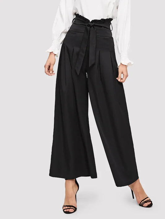 CM-BS104101 Women Classy Seoul Style Box Pleated Belted Wide Leg Pants - Black