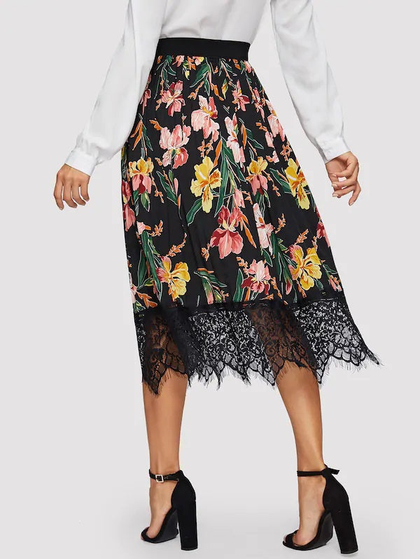 CM-BS104252 Women Casual Seoul Style Floral Print Contrast Lace Hem Skirt - Black