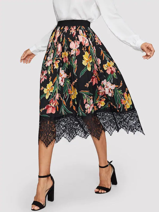 CM-BS104252 Women Casual Seoul Style Floral Print Contrast Lace Hem Skirt - Black