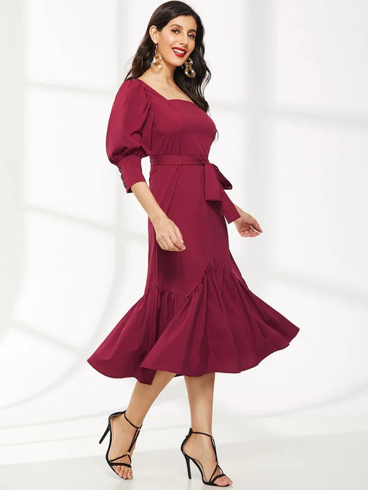 CM-DS112730 Women Elegant Vintage Style Buttoned Cuff Flounce Hem Self Dress With Belt - Wine Red