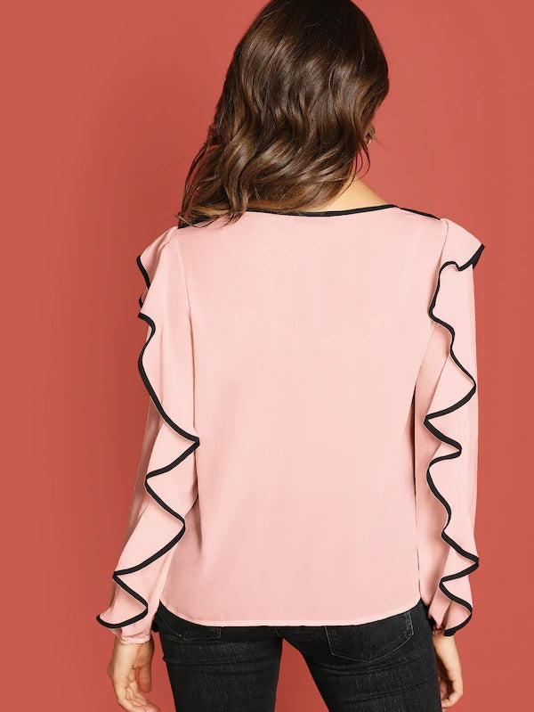 CM-TS211101 Woomen Casual Seoul Style Long Sleeve Binding Ruffle Sleeve Top - Pink