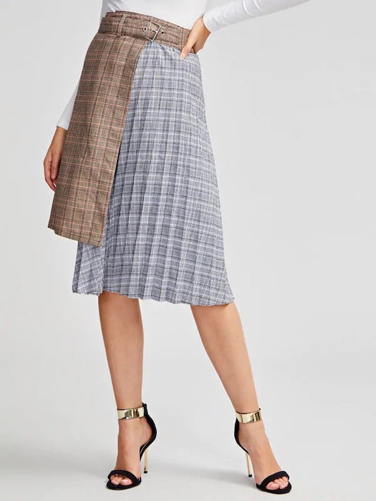 CM-BS210448 Women Casual Seoul Style High Low Pleated Plaid Combo Skirt With Belt