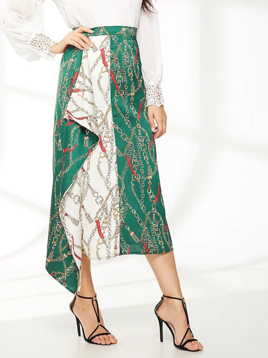 CM-BS109951 Women Casual Seoul Style Mid Waist Chain Print Zip-Side Long Skirt