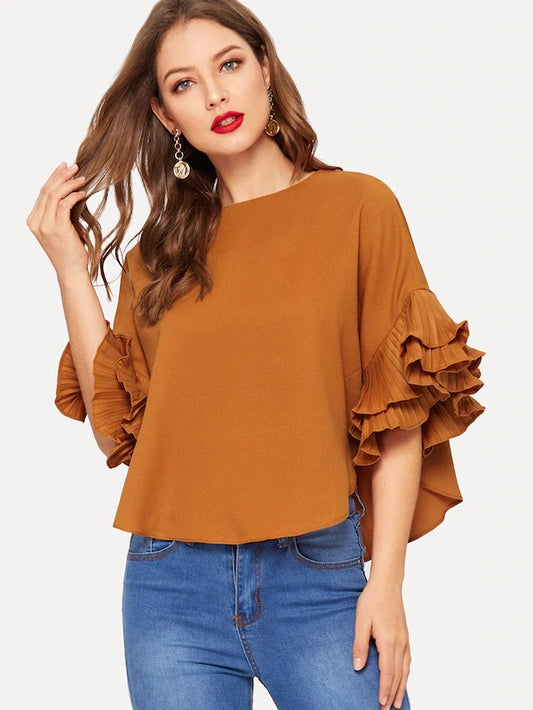 CM-TS130758 Women Casual Seoul Style Pleated Ruffle Sleeve Dolphin Hem Top - Rust