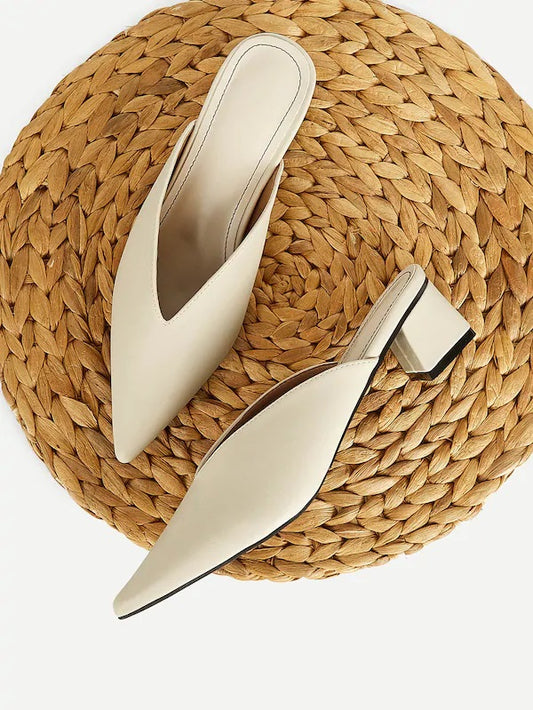 CM-SHS110707 Women Casual Seoul Style Plain V-Cut Block Heeled Mules - White