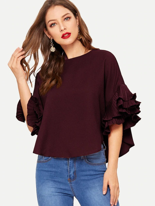 CM-TS130759 Women Casual Seoul Style Pleated Ruffle Sleeve Dolphin Hem Top - Maroon