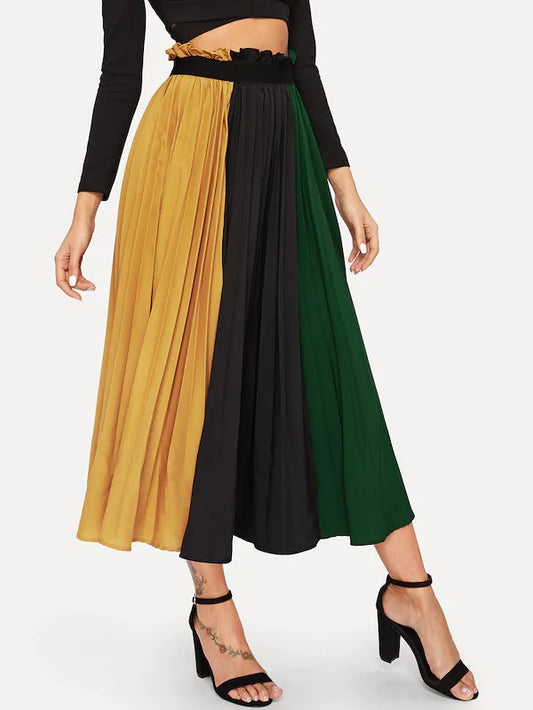 CM-BS117102 Women Casual Seoul Style High Waist Color-Block Pleated Maxi Skirt