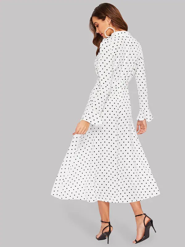 CM-DS121253 Women Elegant Seoul Style Polka Dot Ruffle Trim Maxi Dress With Belt - White