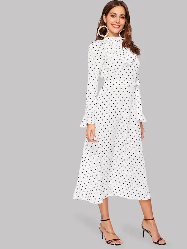 CM-DS121253 Women Elegant Seoul Style Polka Dot Ruffle Trim Maxi Dress With Belt - White