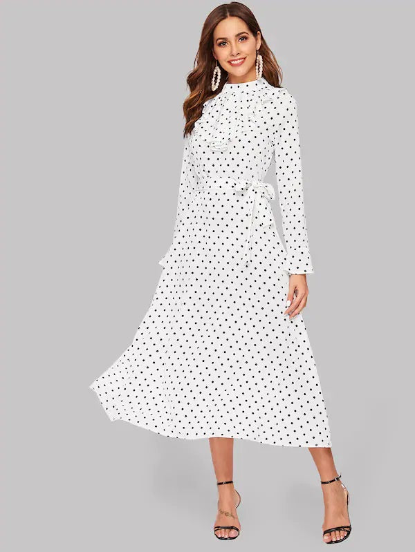 CM-DS121253 Women Elegant Seoul Style Polka Dot Ruffle Trim Maxi Dress With Belt - White