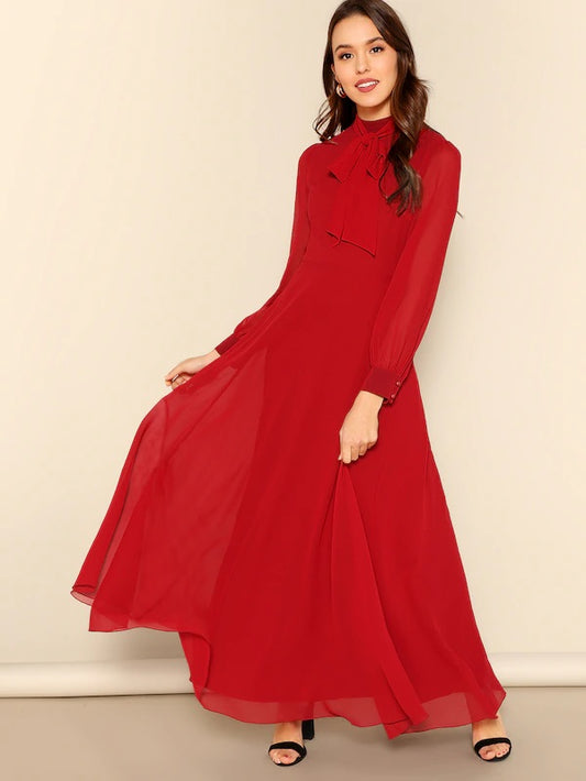 CM-DS221705 Women Elegant Seoul Style Tie Neck Bishop Sleeve Maxi Dress - Red