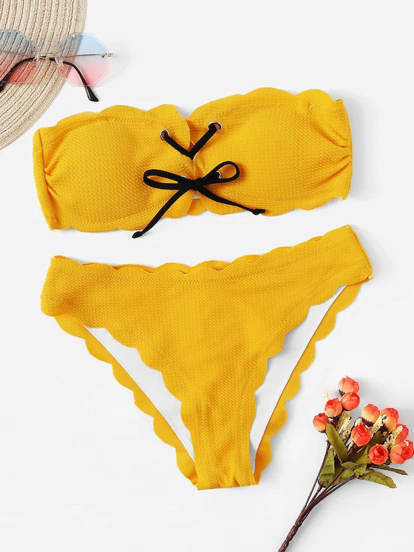 CM-SWS121663 Women Casual Seoul Style Trim Lace-Up Ruched Bandeau Bikini - Yellow