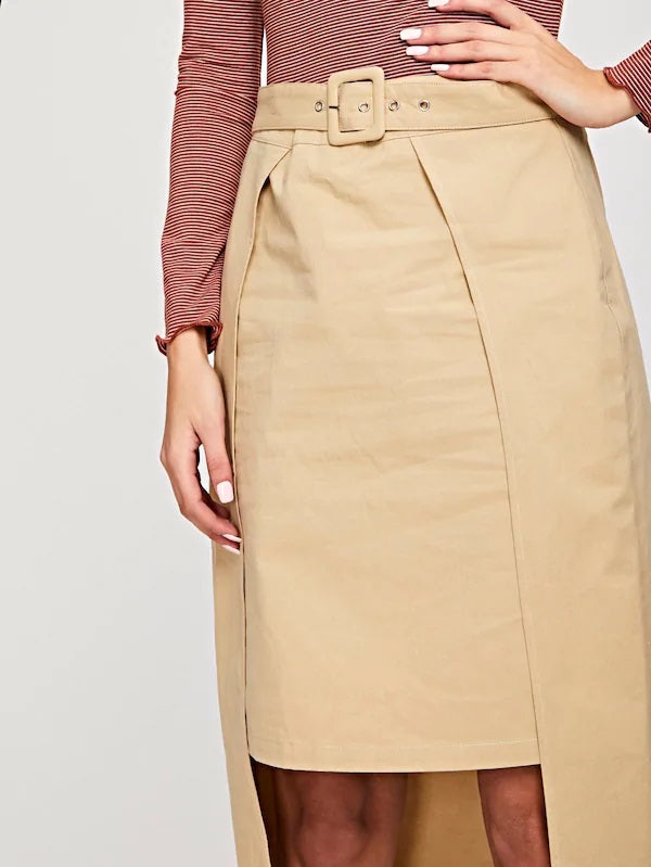 CM-BS229499 Women Casual Seoul Style Asymmetrical Hem Overlap Skirt - Khaki