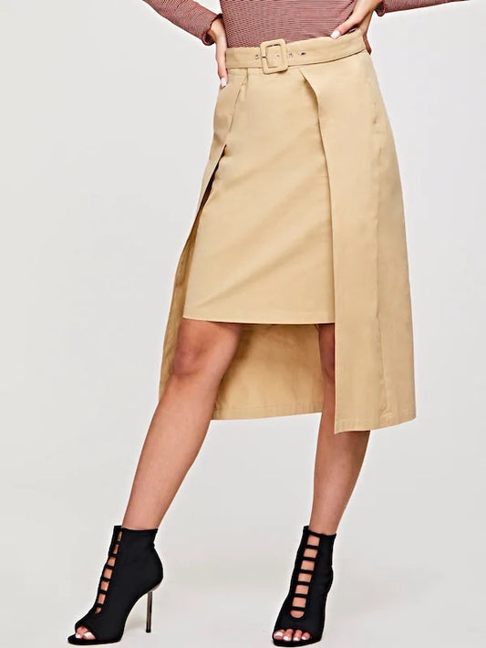 CM-BS229499 Women Casual Seoul Style Asymmetrical Hem Overlap Skirt - Khaki