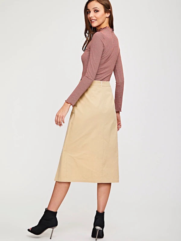 CM-BS229499 Women Casual Seoul Style Asymmetrical Hem Overlap Skirt - Khaki